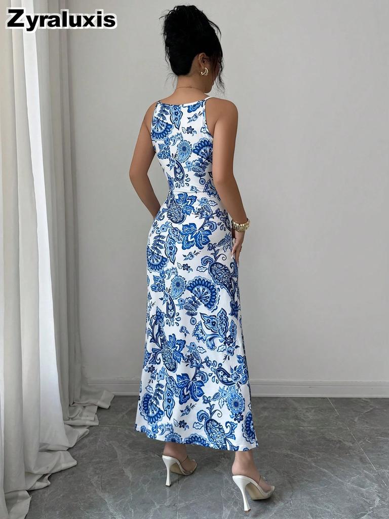 French Vintage Blue and White Porcelain Style Strapless Dress for Women Summer Slim Fit Long Beach Cover-Up Maxi Skirt