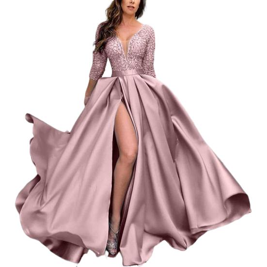 Deep V-Neck 45720 Sleeve Lace Splicing Waist Tight Mid-Rise Gown Dress Women Sequins