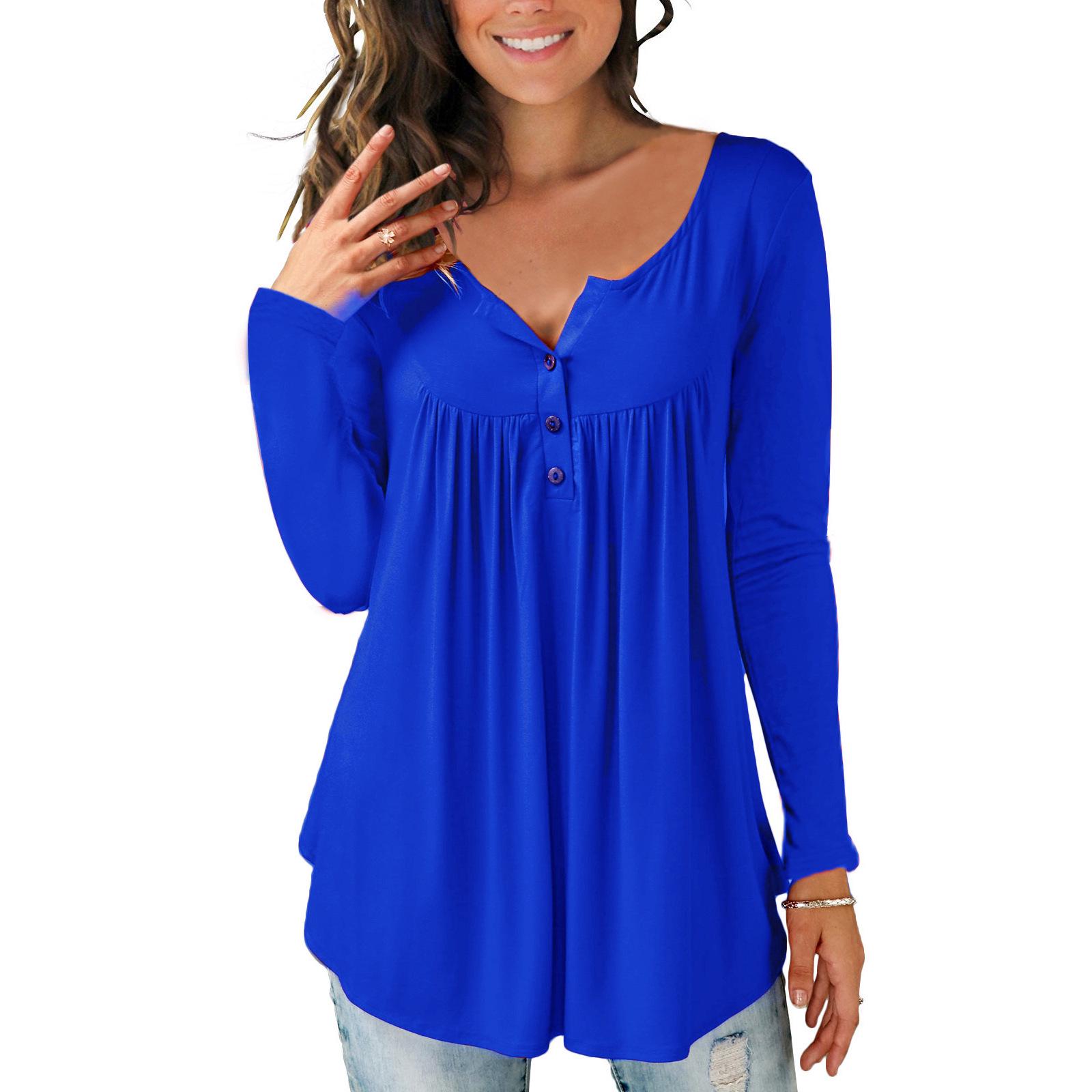 

Женские повседневные свободные футболки с длинными рукавами, однотонные плиссированные туники на пуговицах, топы с v-образным вырезом, женские пуловеры, топы, летняя одежда XL сапфир синий
