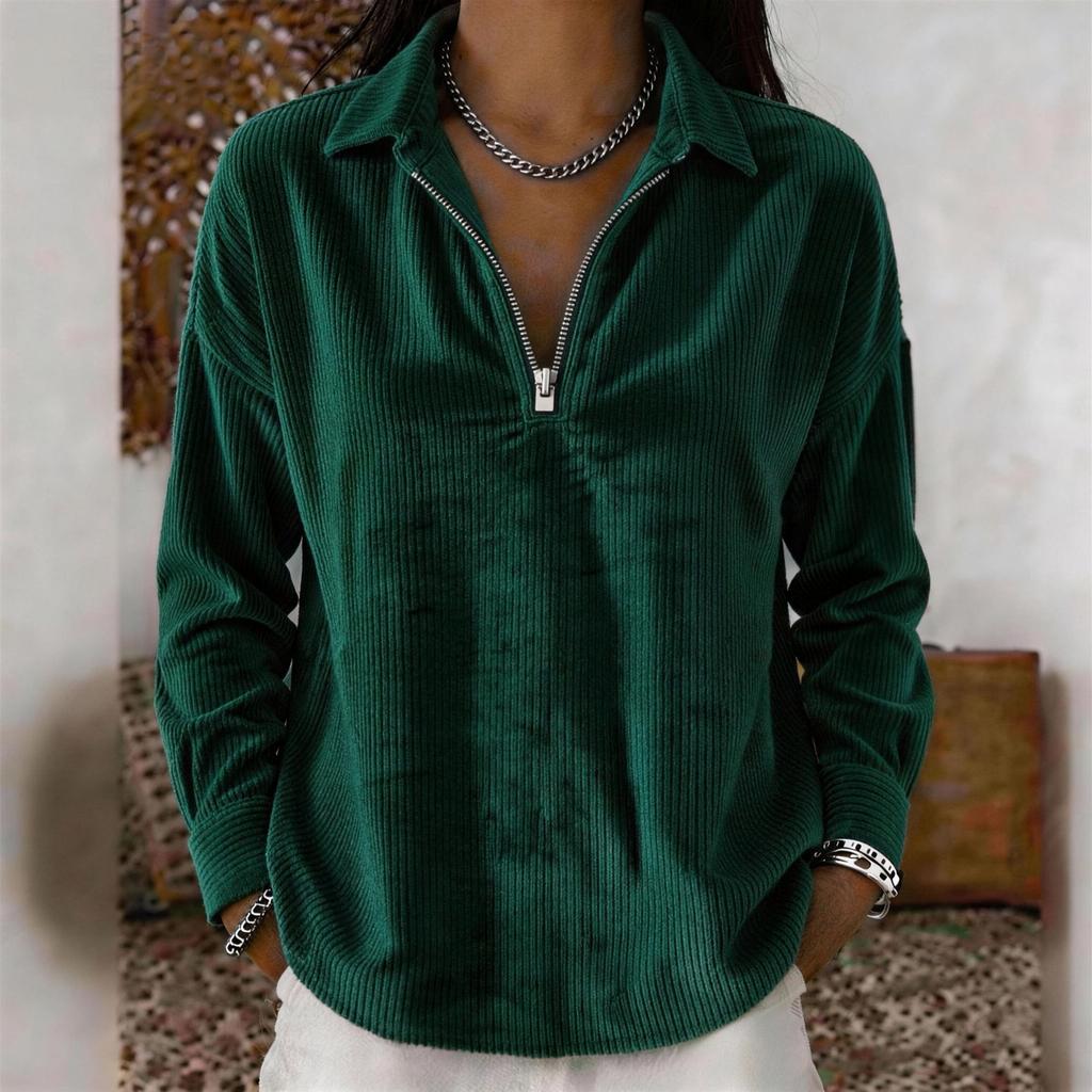 Women's Corduroy Long Sleeve Top with Loose Fit Turn-Down Collar Retro Blouse