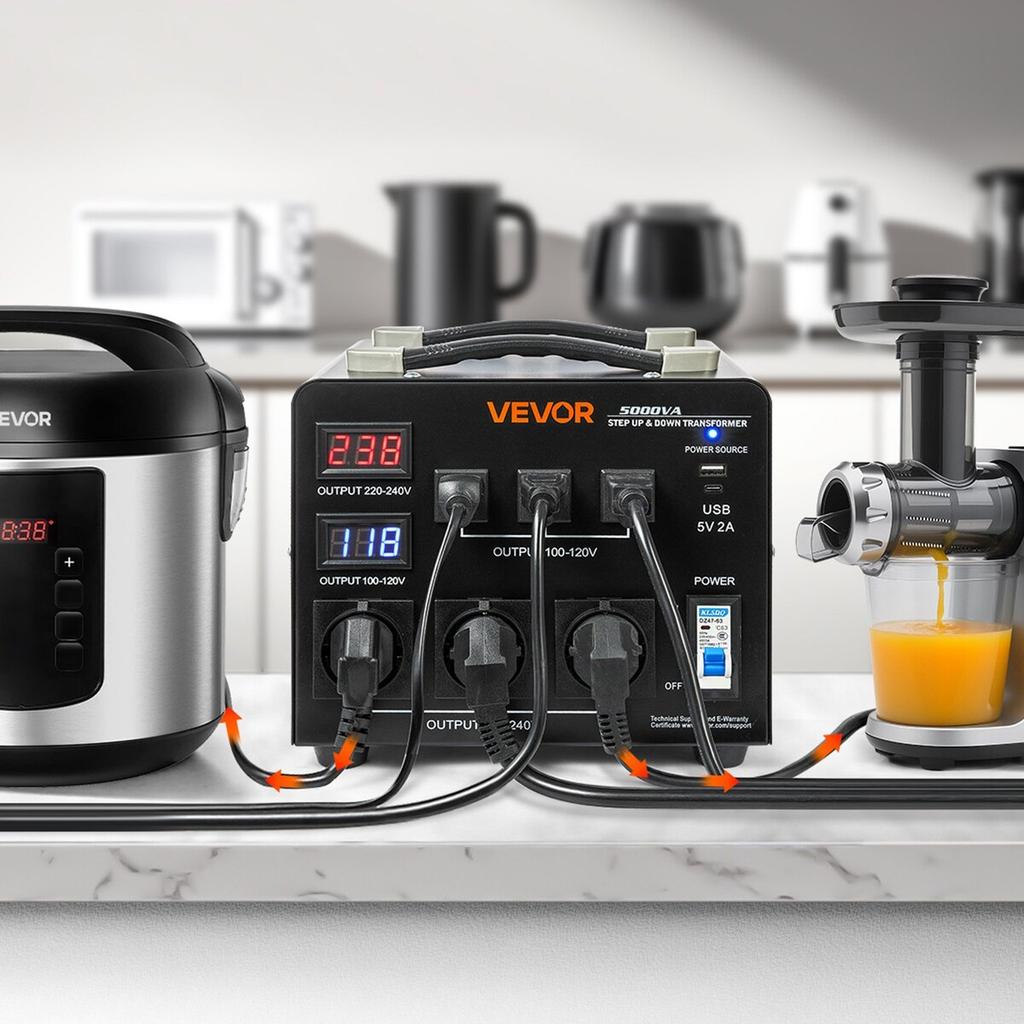 Transformador Convertidor de Voltaje Automático, 5000VA, Transformador de Potencia Elevador/Reductor de Servicio Pesado, 110V a 220V y 220V a 110V, con 3 Tomas de EE. UU., 3 Tomas de UE,