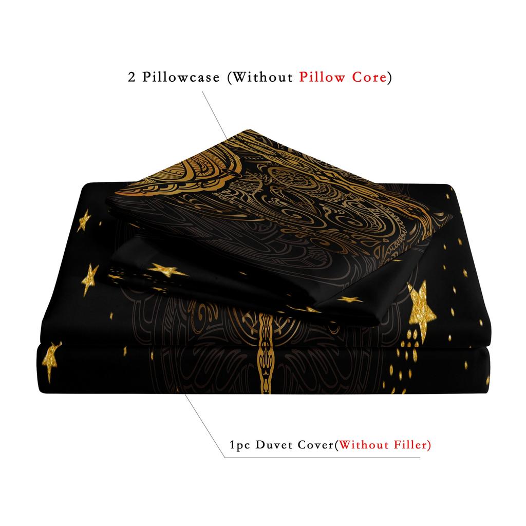 3 Pieces Luxury Gold Mandala Dragonfly Starry Sky Print Duvet Cover Set, Dark Black Ornate Dragonfly Golden Star Pattern Bedding