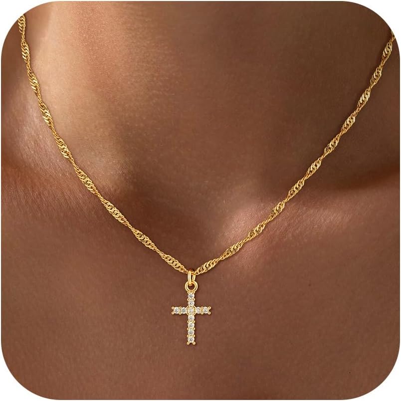 18K Real Gold Plated Stainless Steel Cross Necklace for Women Girls Non Tarnish Waterproof Easter Christian Faith Jewelry Gifts
