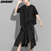 DIMANAF 2022 Plus Size Women Irregular Bat T-Shirt Casual Solid Tops Cotton Loose O-Neck Summer Short Sleeve Tees