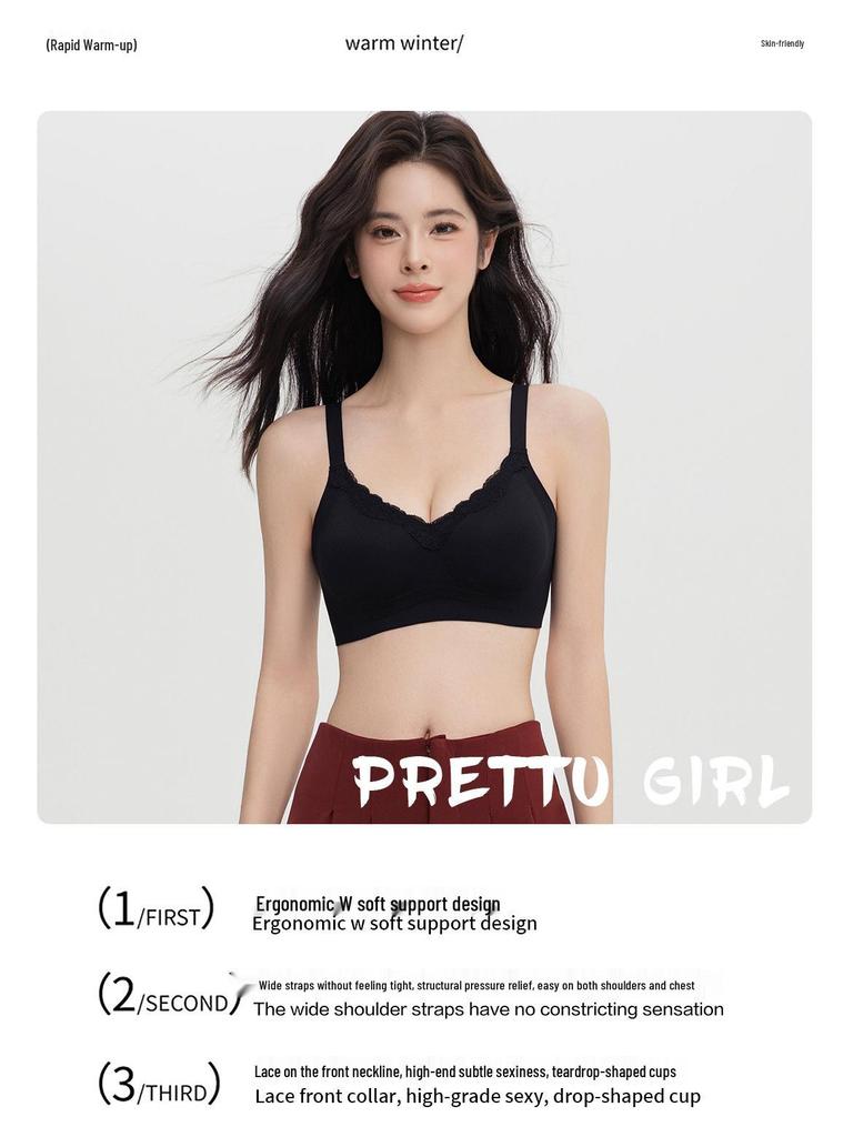 Lace Trim Seamless Deep V Soft Support Wireless Bra for Small Busts
