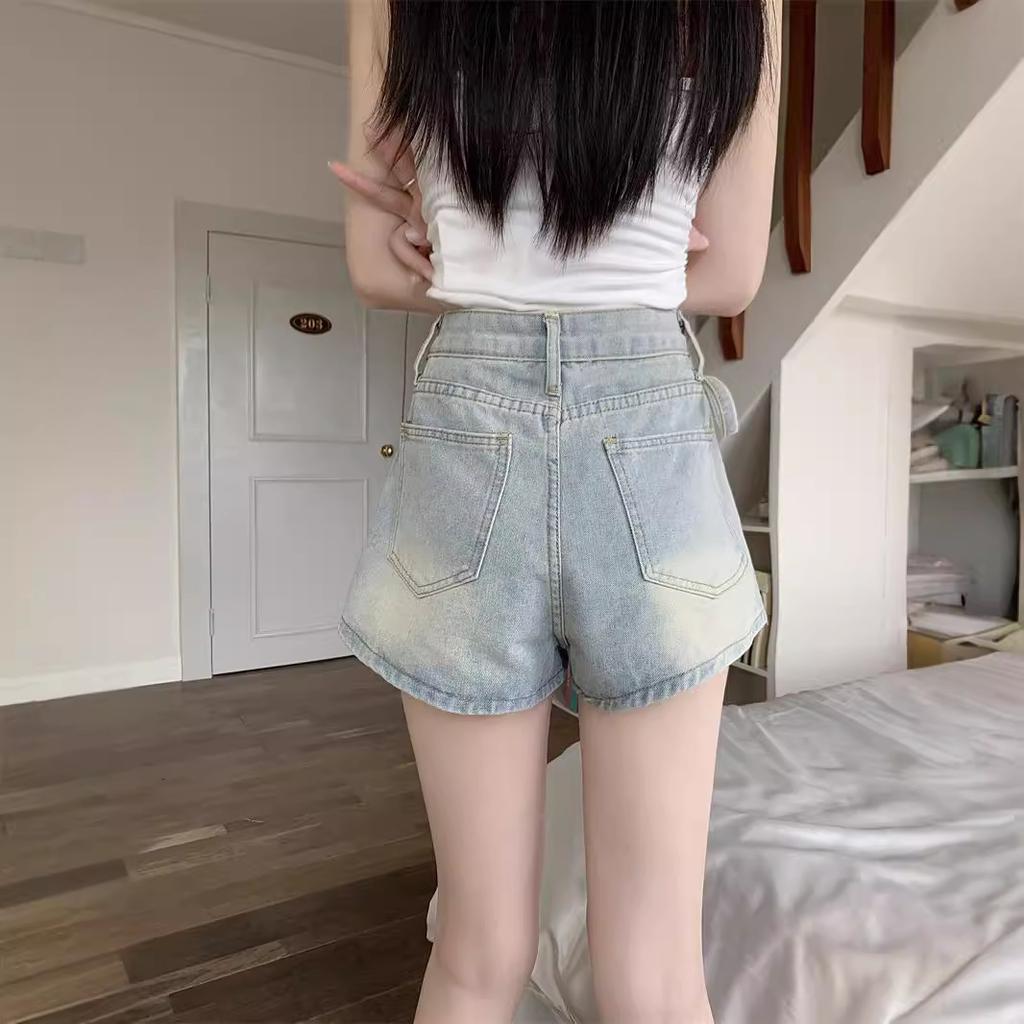 Fake Two-piece Denim Shorts for For Women In Hot Season A-line High-waist Irregular Fashionable Strap Skirt Pants
