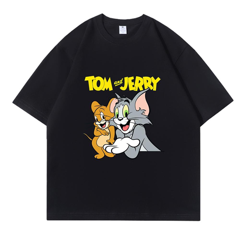 

Tom and Jerry Cartoon Print Cotton Short-sleeved T-shirt for Men and Women Summer Trend Tom Jerry Light Luxury Comfortable Top M