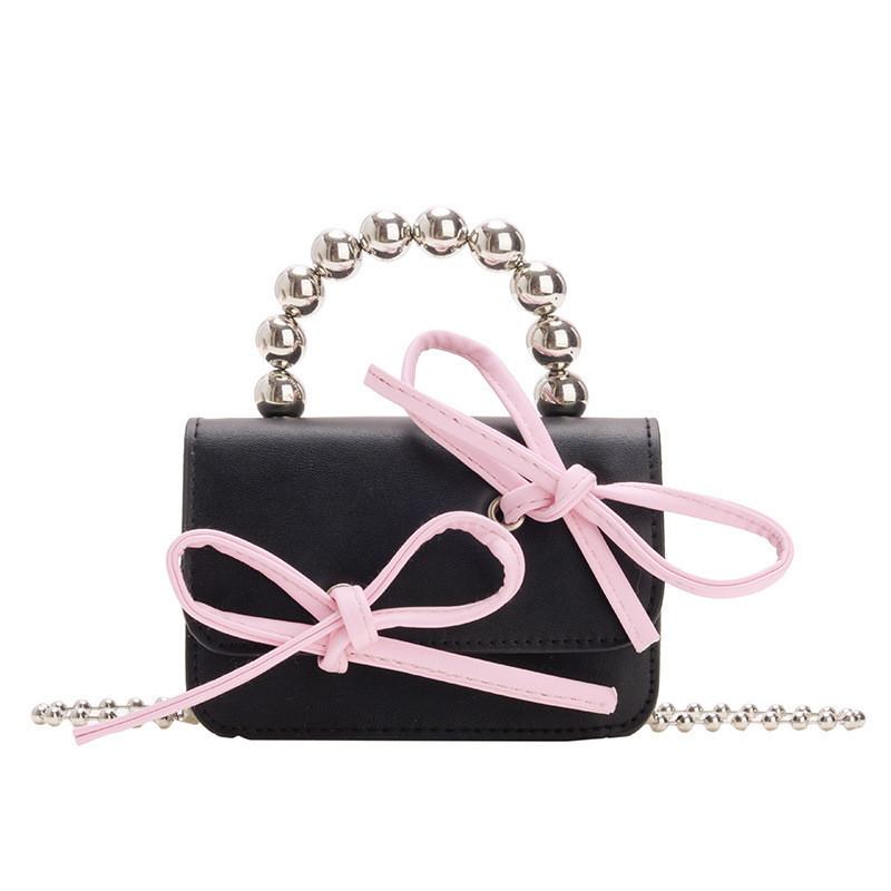 Cute Color-block Kids Shoulder Bag Mini Beaded Child Bag Fashion Bow Children Crossbody Bag Pink