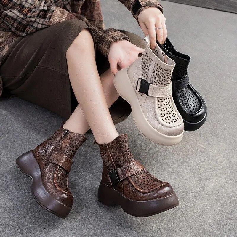 Johnature Breathable Hollow-out Boots Genuine Leather Lightweight Platform Sandals Thick Sole Women's Shoes