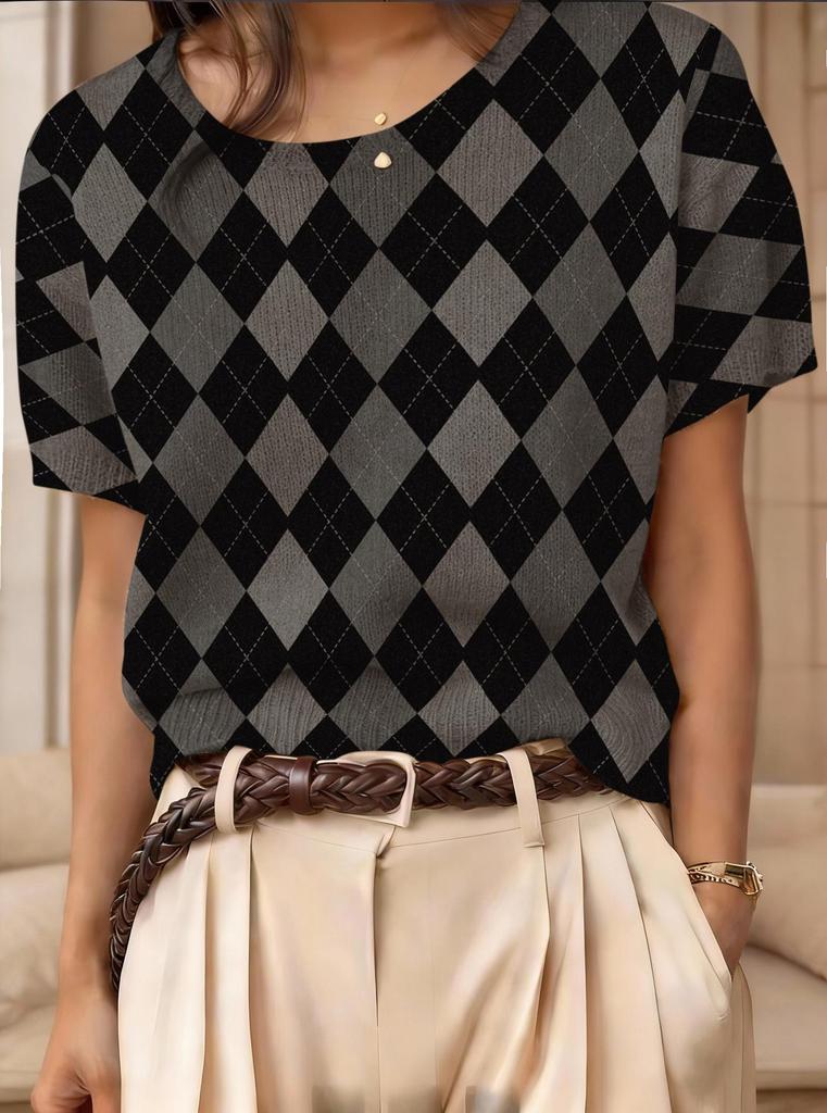 Top Maglione Girocollo a Maniche Corte Jacquard Color Block Retrò 2026