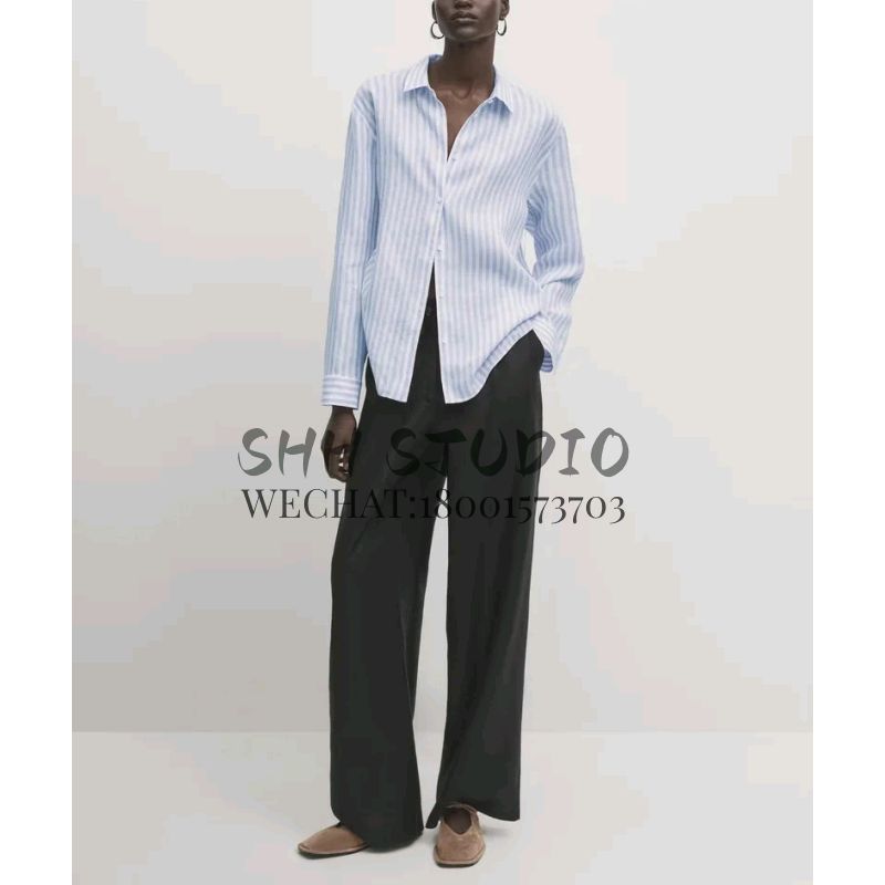 MD Spring New Women's Leisure Commute Draping Effect Plaid Linen Blended Straight-Leg Wide-Leg Pants 5072770