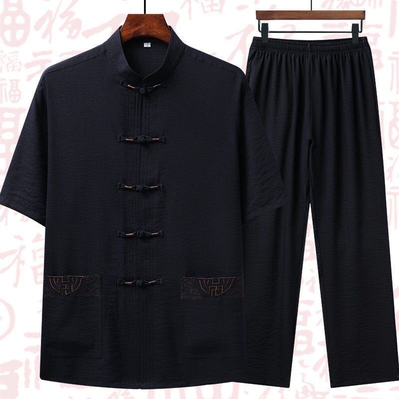 Traje de lino y algodón chino de verano de talla grande para hombre, conjunto de dos piezas de manga corta y pantalones