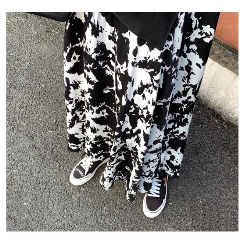 Tooxika Women's Large Size Long Sleeve T-shirt Splicing Printed Large Swing Dress Round Neck Fake Two-piece Long Dress