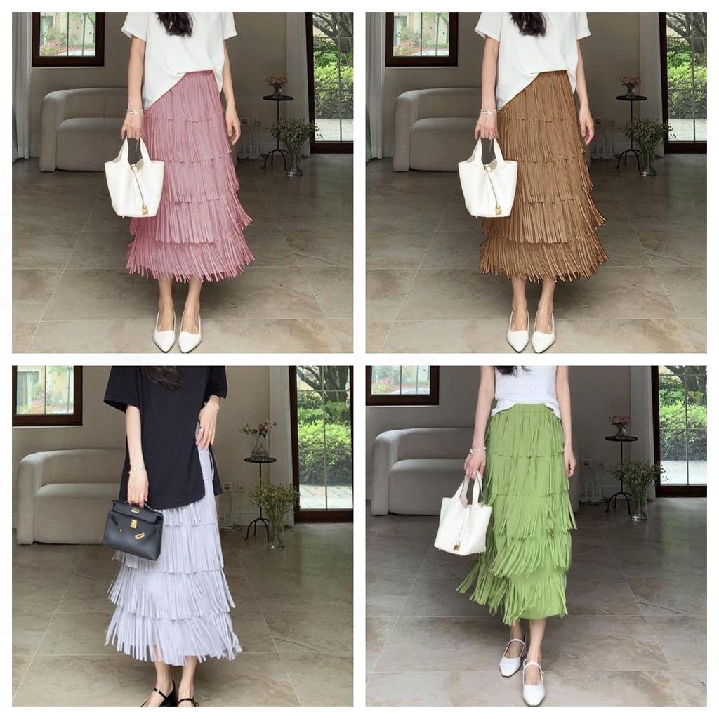 Miyake High-End Women's Tassel Layered Midi Skirt - Versatile & Slimming