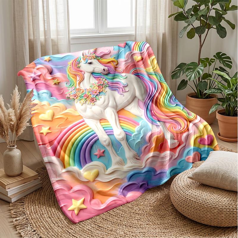 Rainbow Unicorn Fantasy Theme Blanket Lightweight Warm Flannel Blanket Decorative Throw Blanket for Home Decoration