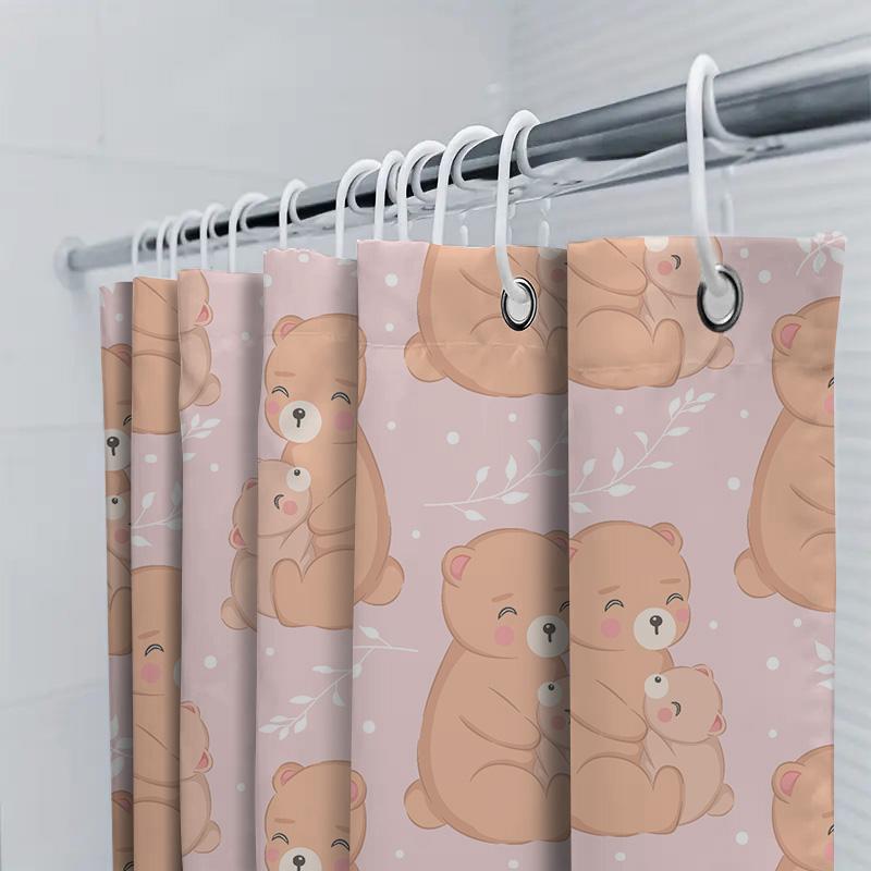 Kawaii Bear Pattern Shower Curtain For Bathroom Decor Home Decoration 3D Printing Waterproof Fabric Pink Color (One Size)