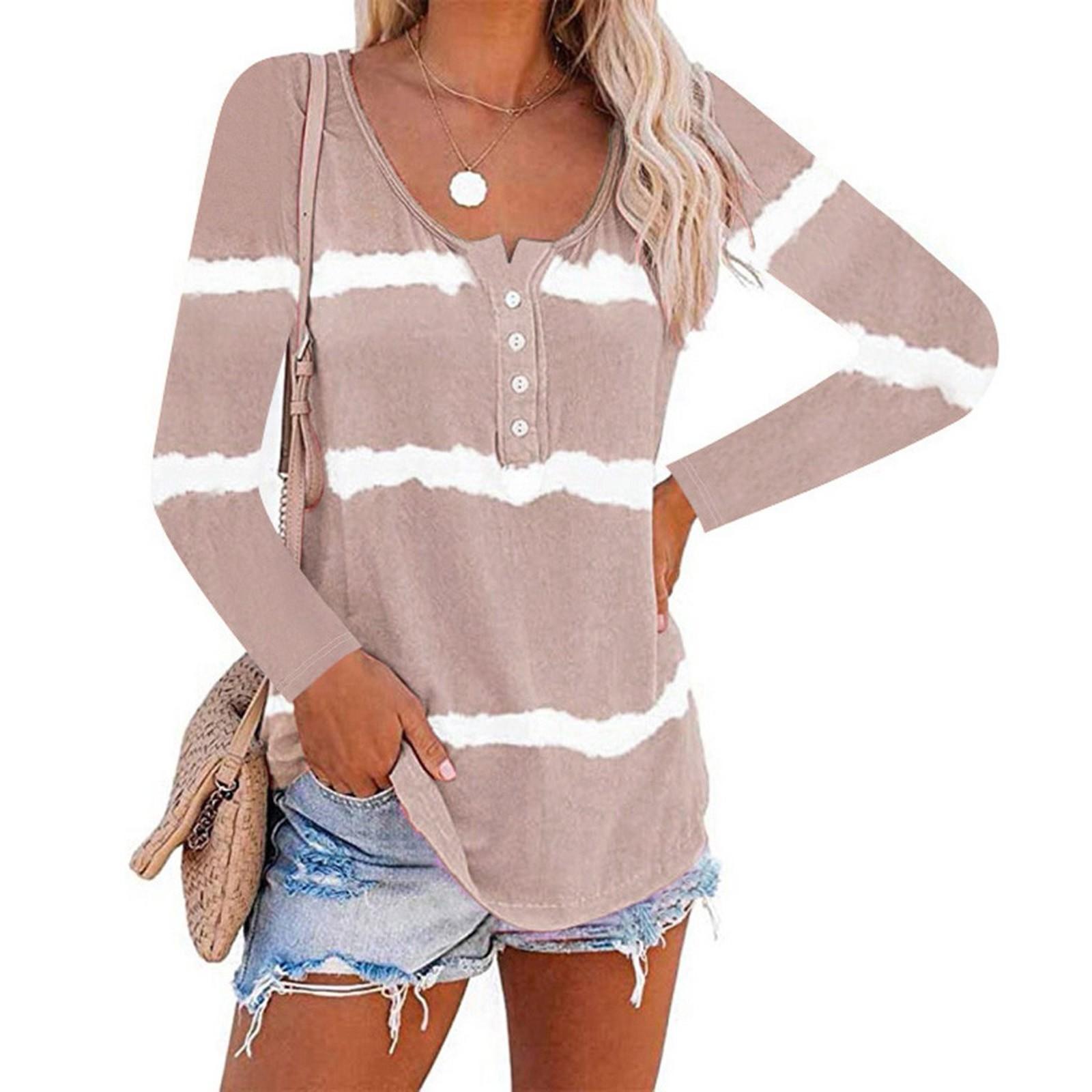 

Женские рубашки-хенли с круглым вырезом и принтом тай-дай, летние свободные повседневные топы с длинными рукавами M хаки