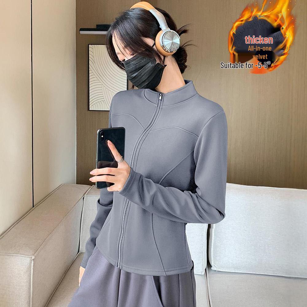 

Autumn/Winter Women s Fleece-Lined Yoga Jacket - Korean Style, Slimming Curve Zipper, Stand-Up Collar, Long Sleeve Top L (50-60 kg)