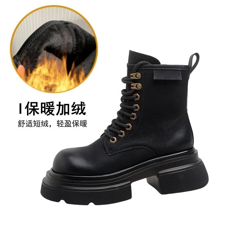 Leather platform Martin boots women's autumn and winter new retro British style versatile big yellow boots knight boots thick heel short boots