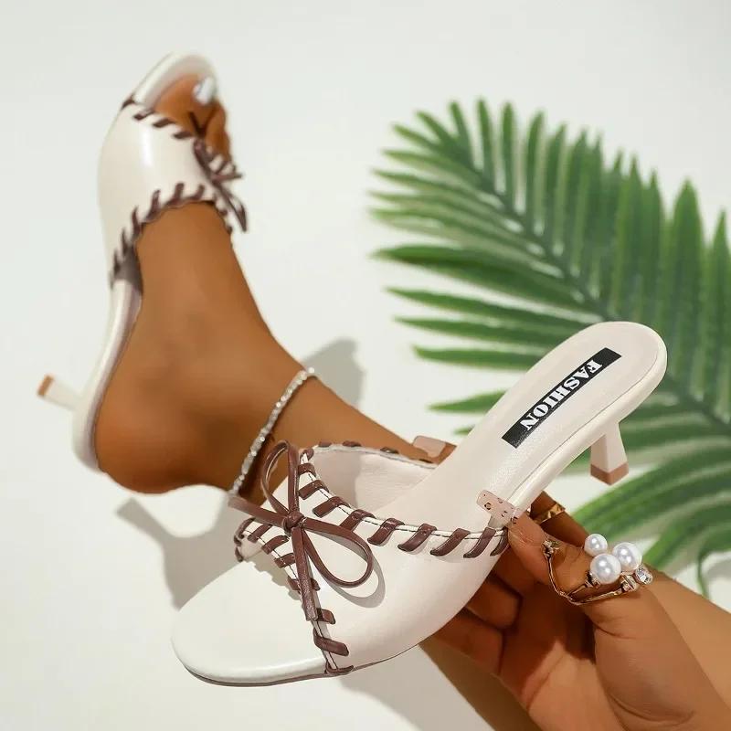 Fashion Ladies Shoes 2025 Summer New Modern Women's Open Toe Slippers Outdoor Fashion Bow Tie Thin Heels Sandals Leisure Dress Slippers