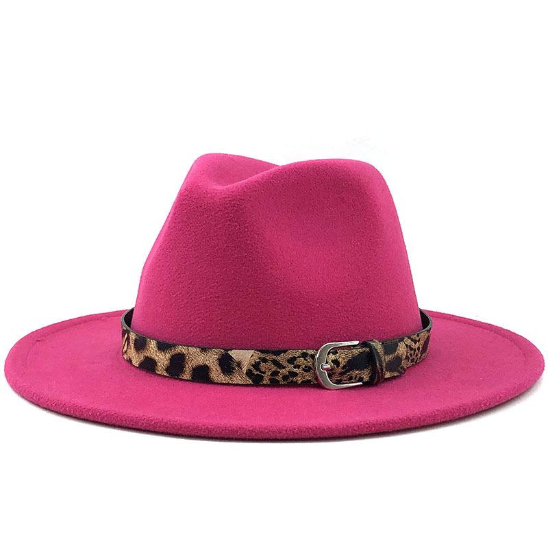 Fashion leopard print belt woolen top hat ladies jazz hat autumn and winter versatile felt hat flat edge top hat church hat