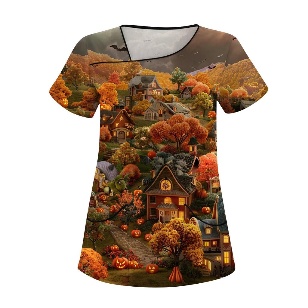 Dámské potištěné pracovní oblečení, šikmý límec a dvojité kapsy, základní top pulovr