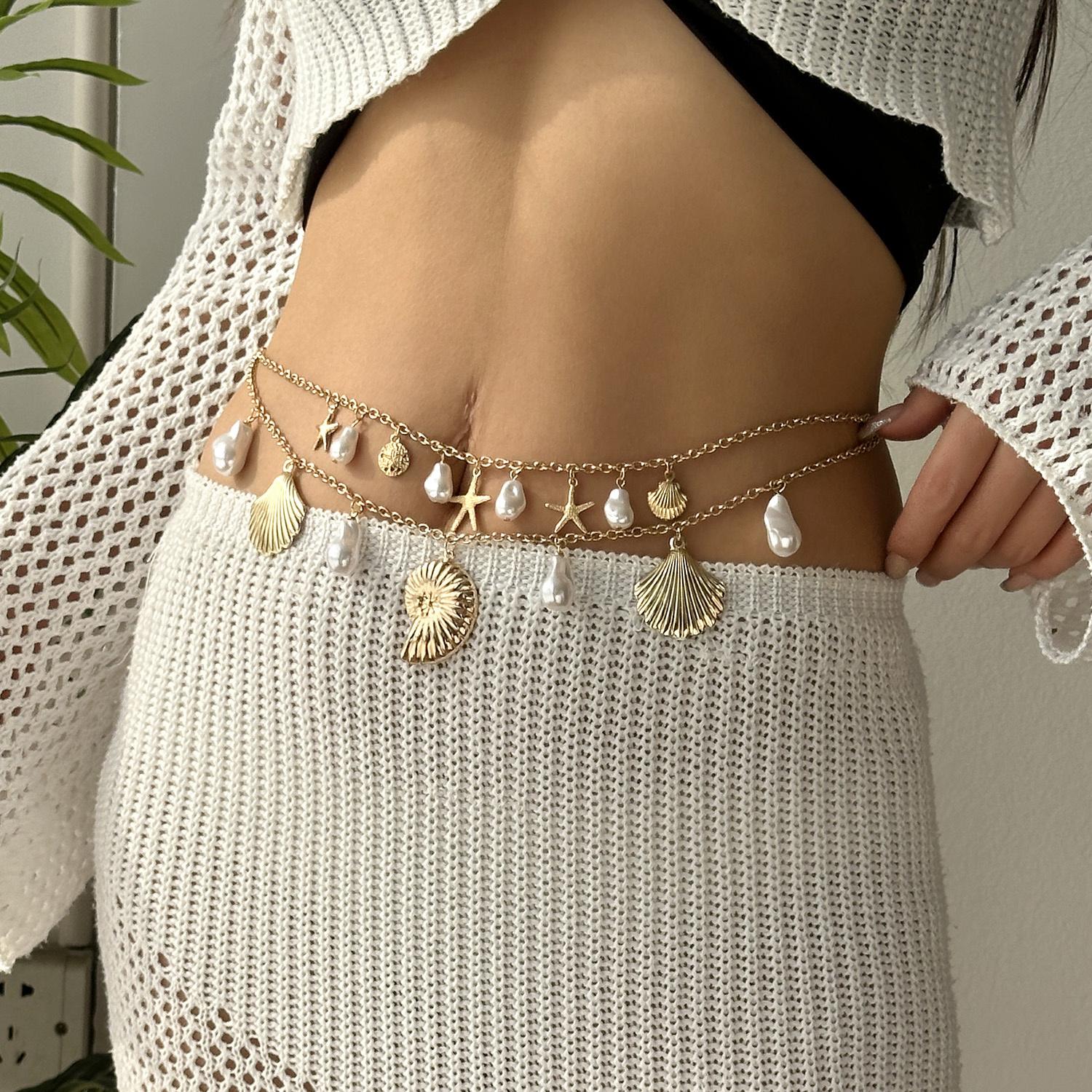 Bohemian Double Layer Waist Chain For Women Starfish Shell Conch Pearl Adjustable Body Chain Summer Beach Jewelry