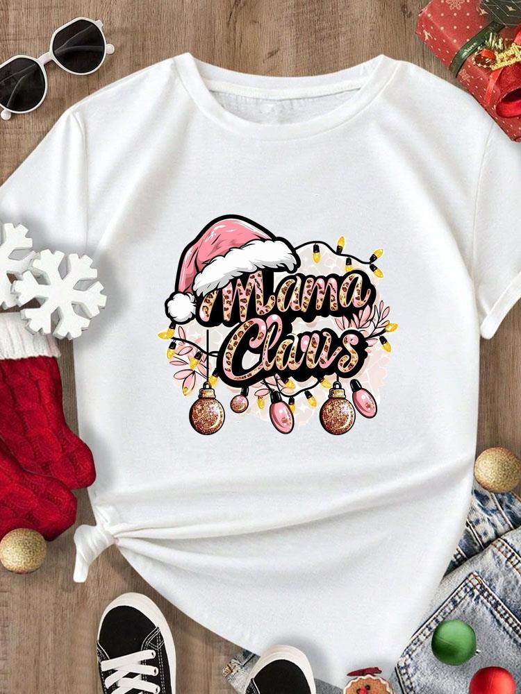 (Asian Size) Tee Merry Christmas New Year Holiday Top festival Casual tree letter style Women Print Lady Short Sleeve Fashion Graphic T-shirts