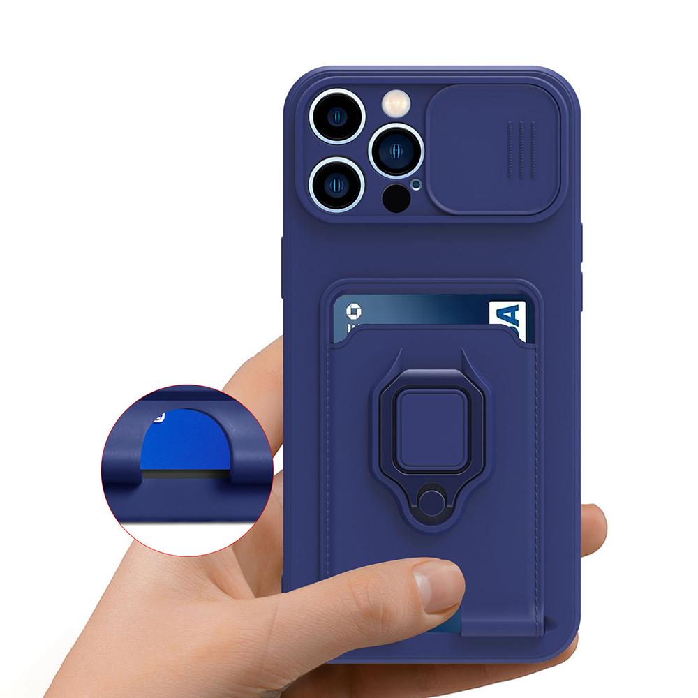 For iPhone 15 Pro Max Case Card Holder PC + TPU Phone Kickstand Cover with Lanyard