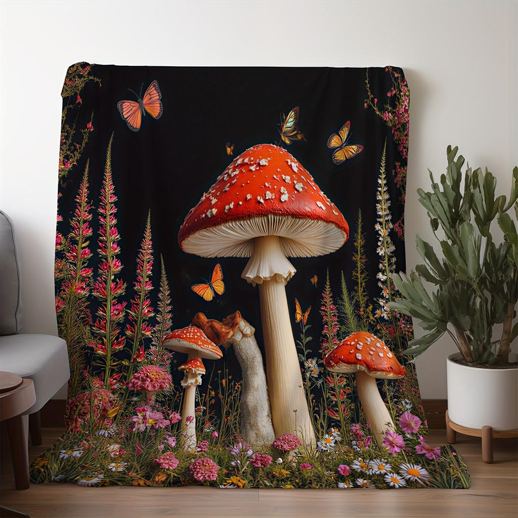 1 Stück Sdoo Flanelldecke, Lebendiger Pilz- und Blumen-Schmetterlingsdruck, Warme und weiche Polyester-Überwurfdecke für Sofa, Bett, Auto, Büro,