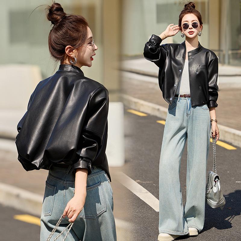 

2025 Весна Женская Высококачественная Маленькая Короткая Кожаная Куртка С Круглым Вырезом Свободного Кроя WA2513 L (120-140 jin) чёрный