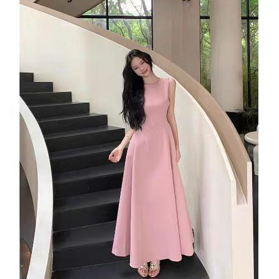 2026 Elegant French Style Sleeveless Solid Color Slimming Waist-Cinched Summer Dress for Women Large
