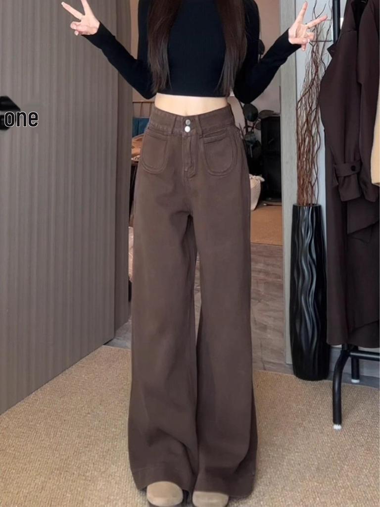 Coffee Retro Wide-Leg New Tang Women's Autumn Slimming Straight-Leg Denim Jeans