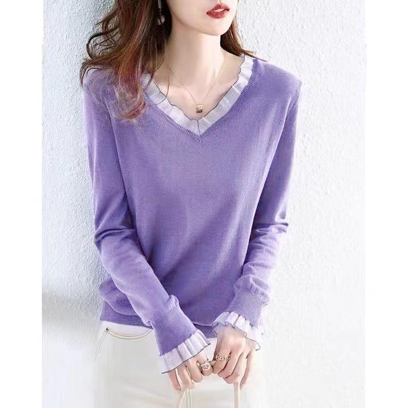 Loose V-neck Knitted Sweater Autumn Winter Solid Color Splicing Pullover Top