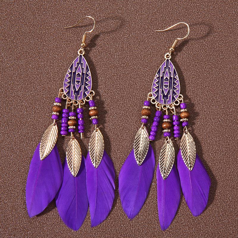 Bohemian Water Drop Tassel Earrings: Long Feather Design with Rice Beads, Ethnic Style for Women - Perfect Travel and Holiday Accessory