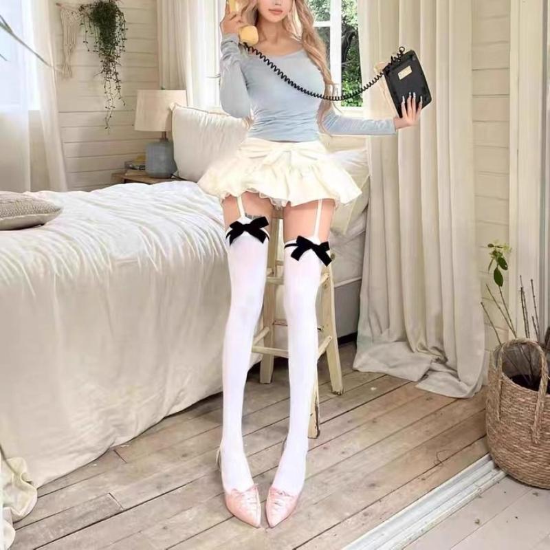 Black White Bowknot Garter Socks Y2K Retro Lace-Up Suspender Stocking Slimming Soft Elastic Tights Cute Girl Jk Lolita Pantyhose