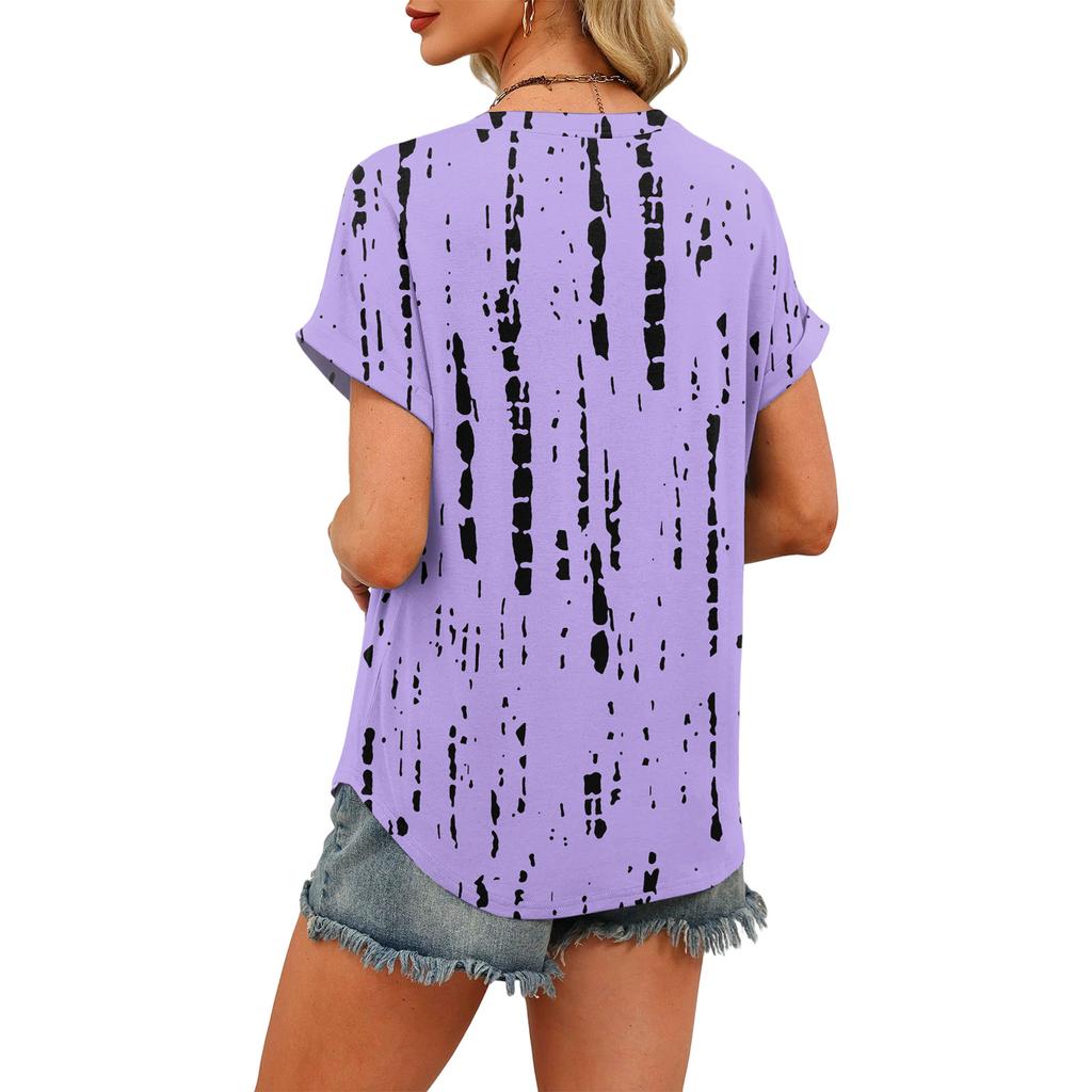 Stylish Women's Casual V-neck Short-sleeved Retro Print T-shirt