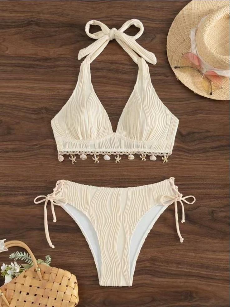 Women s Bikinis And Tankinis New Swimsuit Sexy Halter Neck Bikini Two Piece Set Solid Color Leace-up Backless Temperament Trendy S