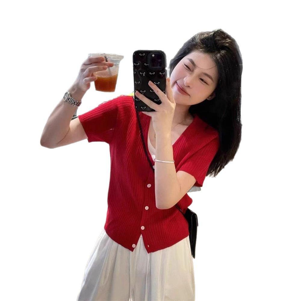 Korean Style V-Neck Two-in-One Knitwear: Summer 2025 Short-Sleeved T-Shirt.