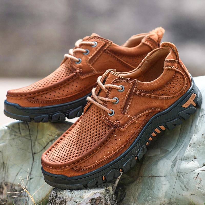 Fashion Spring and Summer Outdoor Sports Men Hiking Leather Shoes Breathable Top Layer Cowhide Casual Leather Shoes