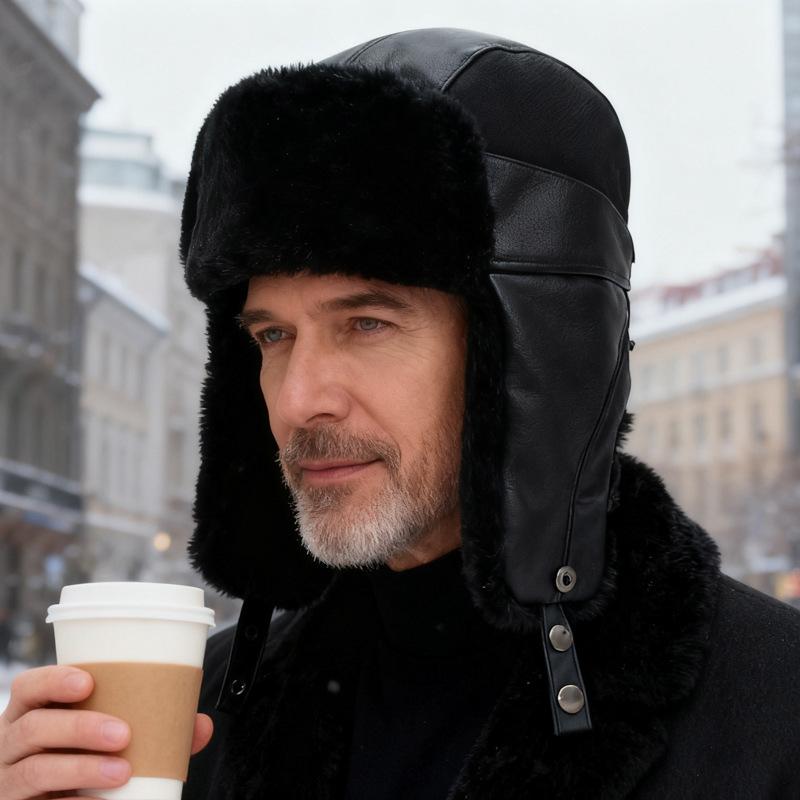 Winter PU Hat Bomber Hat Men's Outdoor Windproof Cold-Proof Ski Hat Thick Fleece Warm Cotton Hat