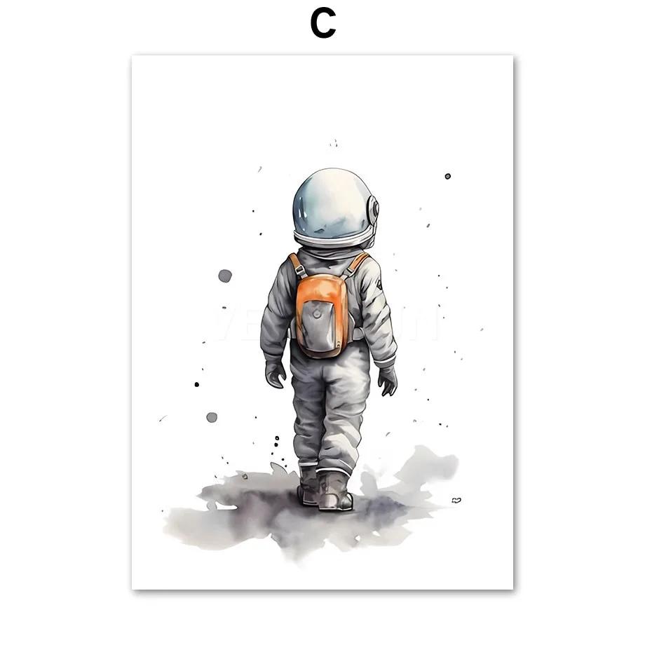 Acuarelă Astronaut Navă Spațială Rachetă Planeta Spațială Artă de Perete pentru Cameră Copii Pictură pe Pânză Imprimare Postere Imagini Pentru Decor Cameră Copii