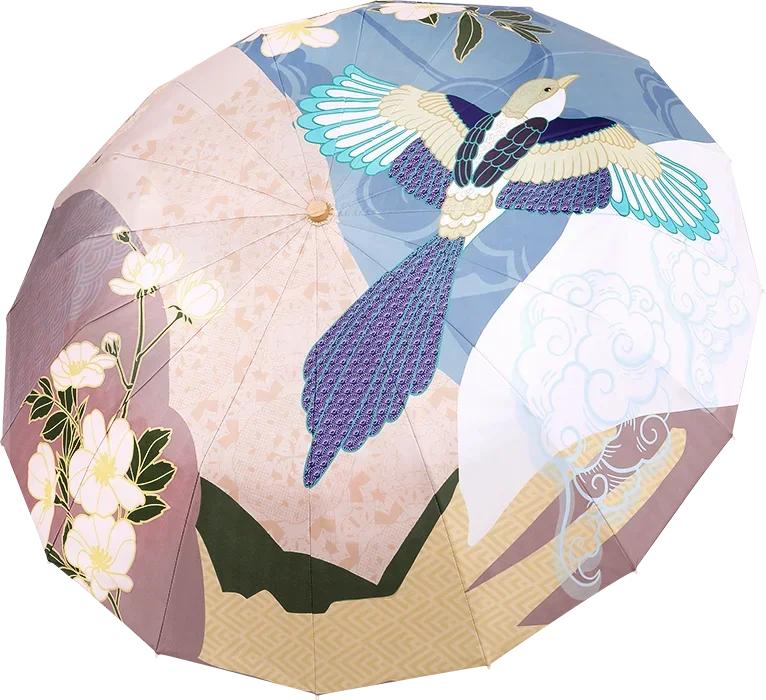 New 16-Rib Windproof Umbrella UPF50+ Sun & Rain Protection, Chinoiserie Series Design with Handcrafted Wood Handle & Flor