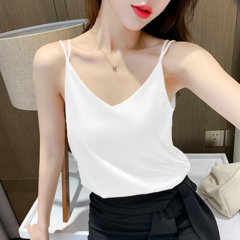Women Satin Double Spaghetti Strap Cami Top V‑Neck Loose Plus Size Sleeveless Tank Top Silky Acetate Inner Camisole M‑4XL