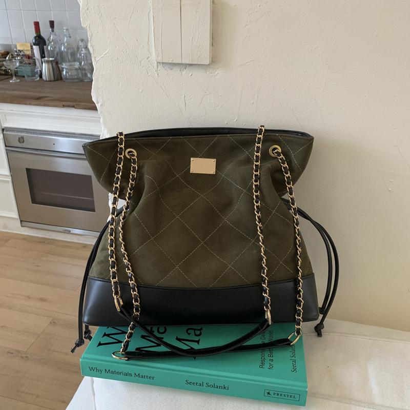 Lingge Chain Bag Vintage Bucket Bag Women's Stitching Shoulder Bag Commuter Crossbody Bag