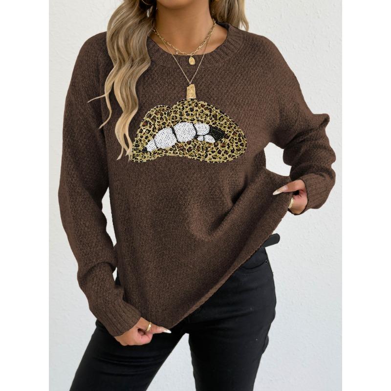 Women's Leopard Print Embroidered Sequin Lips Personalized Crew Neck Pullover Sweater