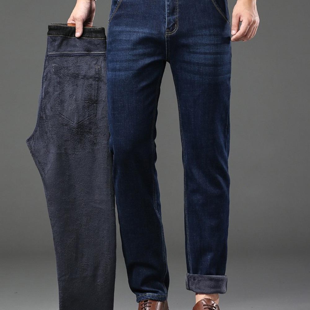 Winter Fleece Thick Jeans Men Business Casual Straight Trousers Male Classic Blue Black Jeans For Men Work Denim Man Pants