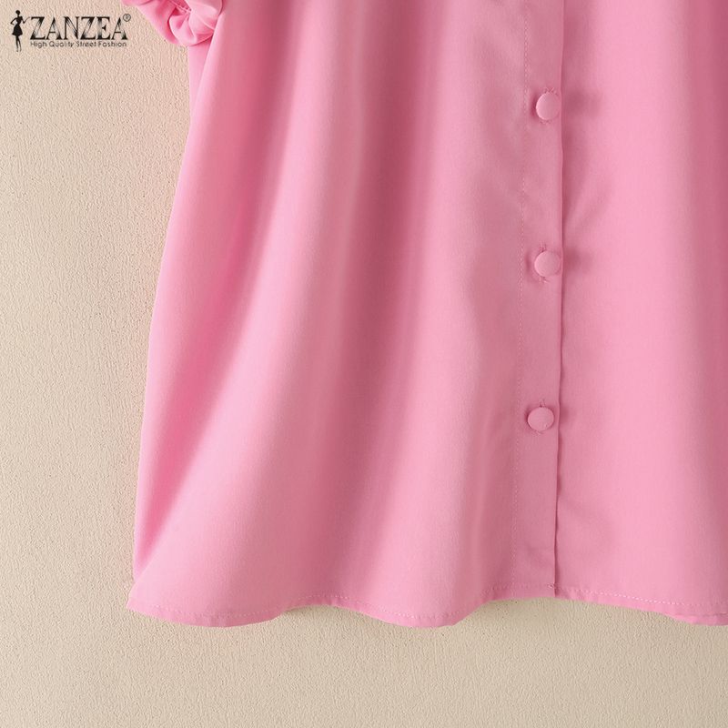 ZANZEA Women Casual Doll Collar Solid Color Short Sleeve Blouse