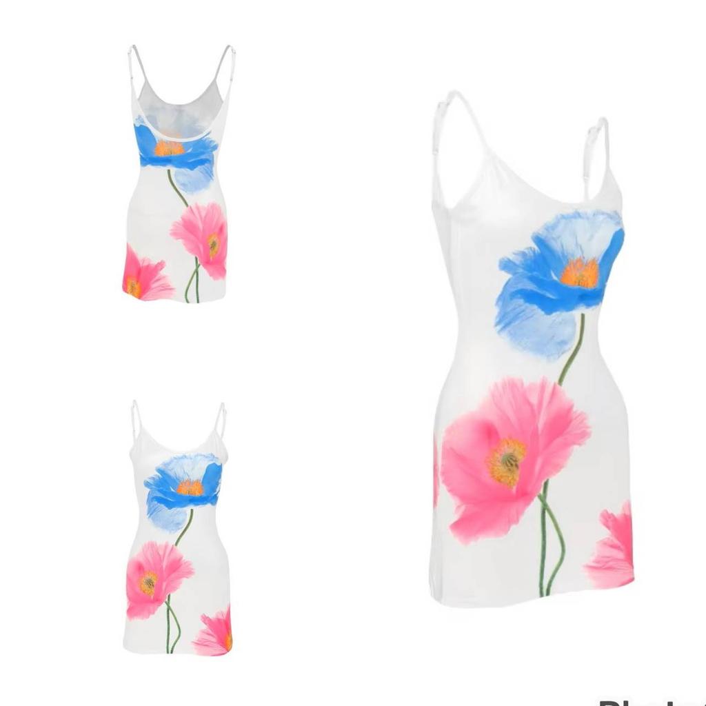 Sexy Mini Dress Women Summer Streetwear Print Sleeveless Spaghetti Strap Backless Casual Slim Elegant Pullover