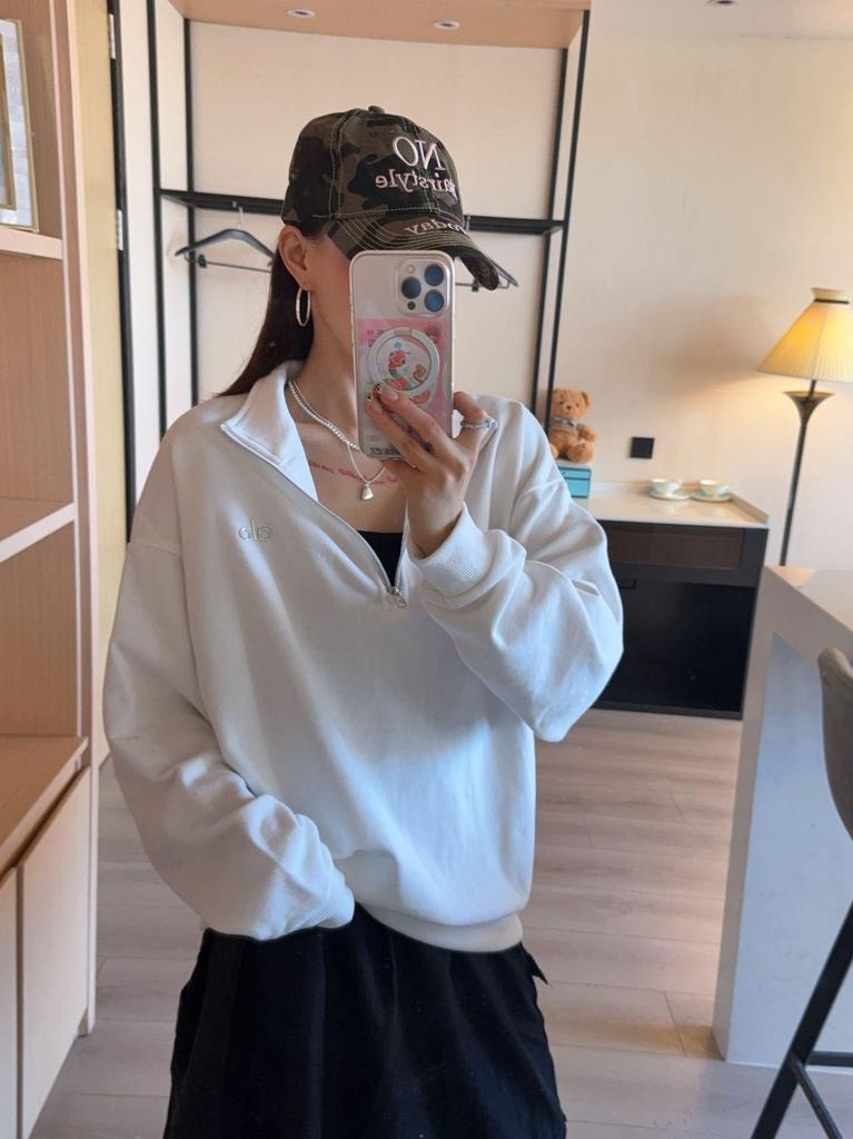 In-Stock Spring/Autumn Alo Stand-up Collar Half-Zip Fitness Hoodie: Loose Slimming Design